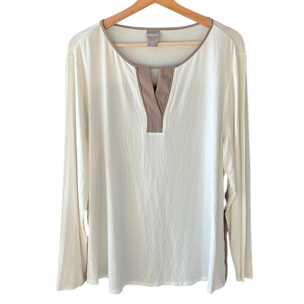 Chico’s New w Tag XL Cream Mocha Color Block Split Collar Long Sleeve Blouse